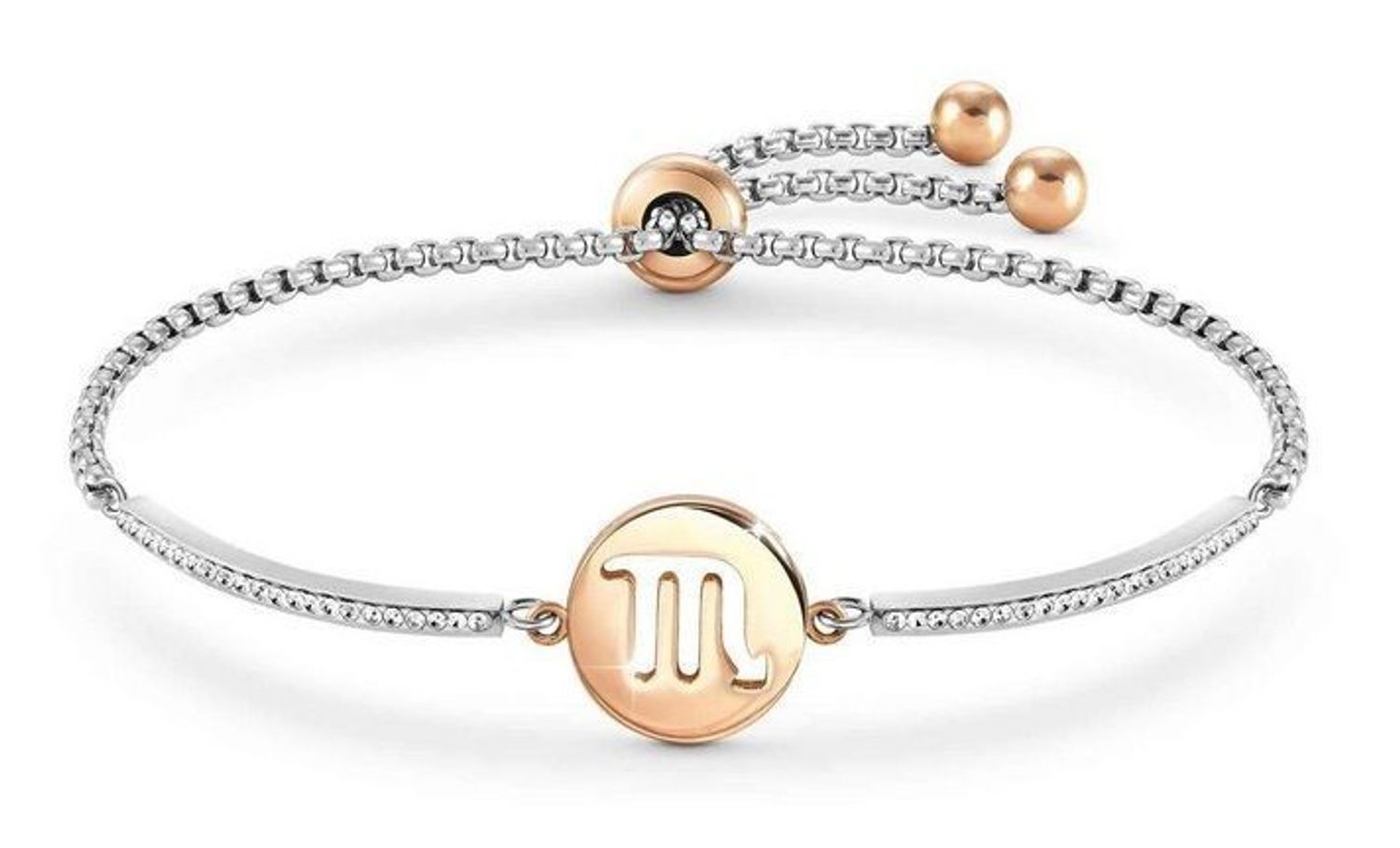 Bransoletka damska znak zodiaku Skorpion Nomination Italy Milleluci rosegold 028014 008 z kolekcji Zodiaco. Wykonana ze stali szlachetnej, zdobiona mieniącymi się, błyszczącymi cyrkoniami pave oraz zawieszką ze znakiem zodiaku SKORPION.jpg